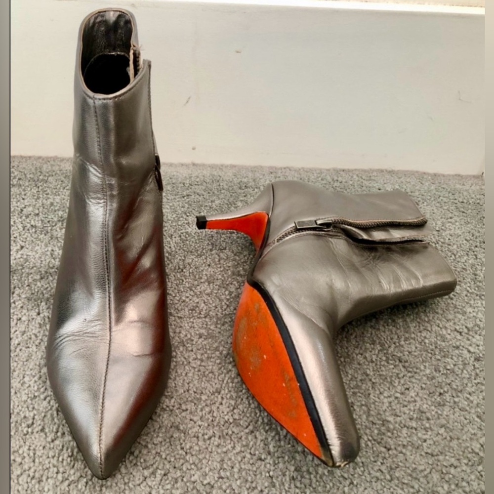 guc Joe Fresh genuine leather metallic pointy silver ankle boots kitten heels 8